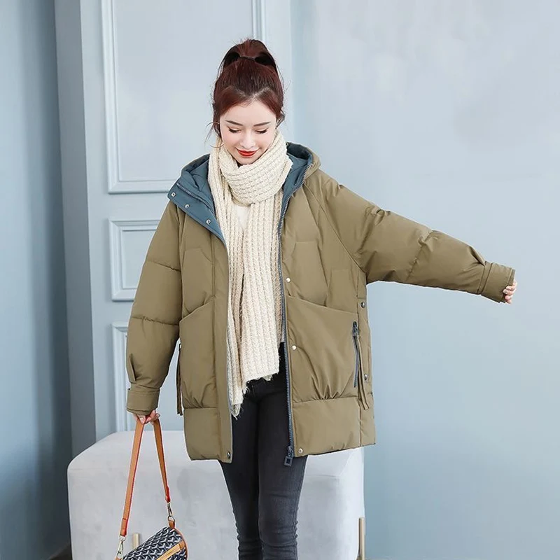 Solid Cotton Padded Warm Windproof Jacket Korean Loose Hooded Snow Wear Thicken Parkas Elegant Long Sleeve Pockets Coat Women