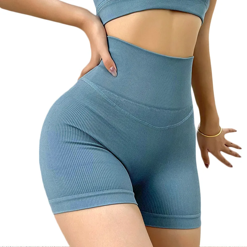 Fitness wear Three-Point Seamless Yoga Pants Women's Moisture Absorption Nude Feel Striped Tight Shorts Cycling Women's Pants