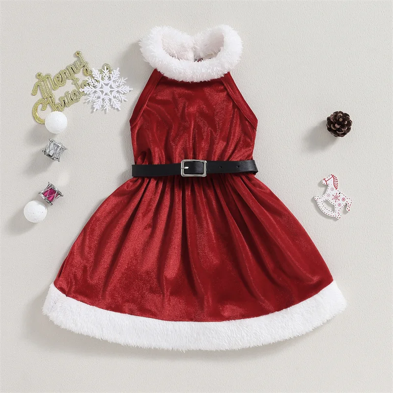 

Рождественские платья для маленьких девочек, воротник хомут, открытые плечи, без рукавов, красный бархатный цвет, черный кожаный ремень