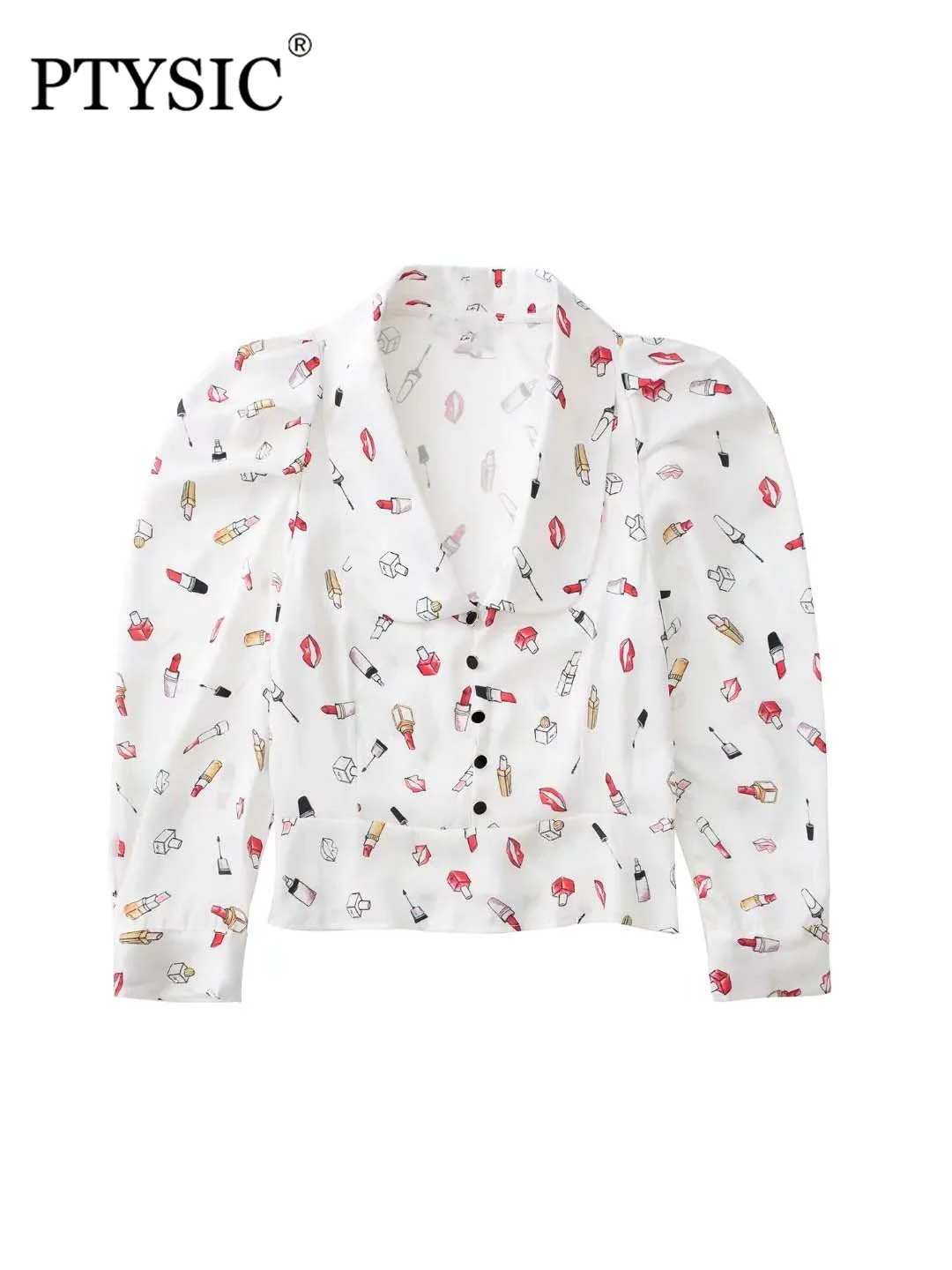 

PTYSIC Women Fashion Print Silk Satin Blouses 2022 New Turn-Down Collar Full Sleeve Side Zipper Vintage Female Shirts Mujur