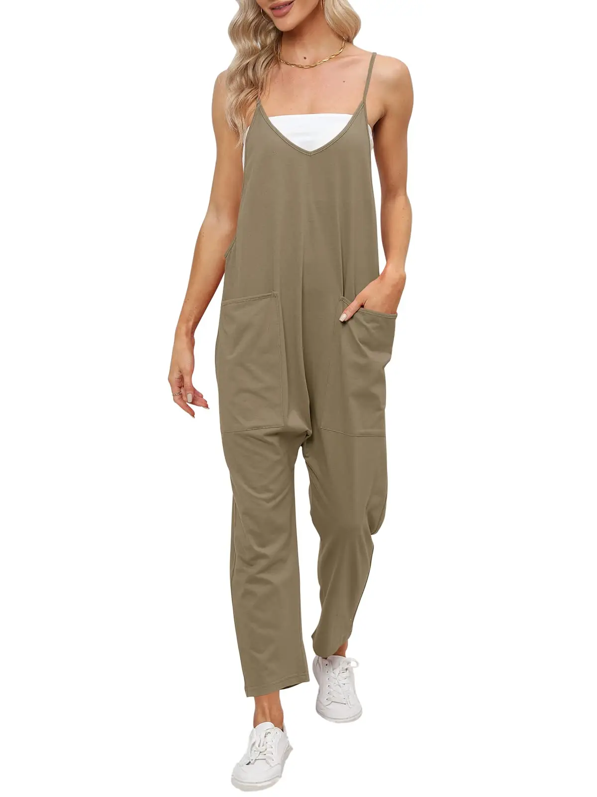 Women Casual Jumpsuit Loose V Neck Sleeveless Harem Long Pants Overalls Summer Pockets Wide Leg Rompers Strap Baggy Streetwear