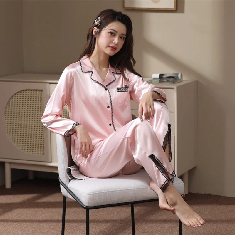 Женская свободная пижама из ледяного шелка брюки с длинным рукавом комплект двух