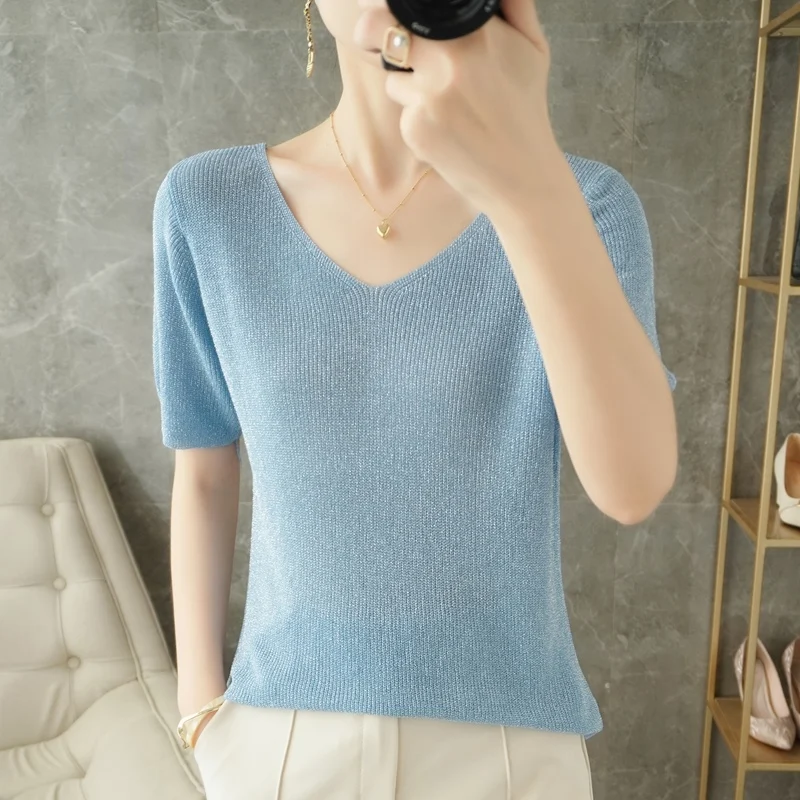 

Spring and Summer New Pullover Women V-neck Knitted Short-sleeved Fashion Quzhu Ice Silk Top Loose Thin Section Bright Silk Vest