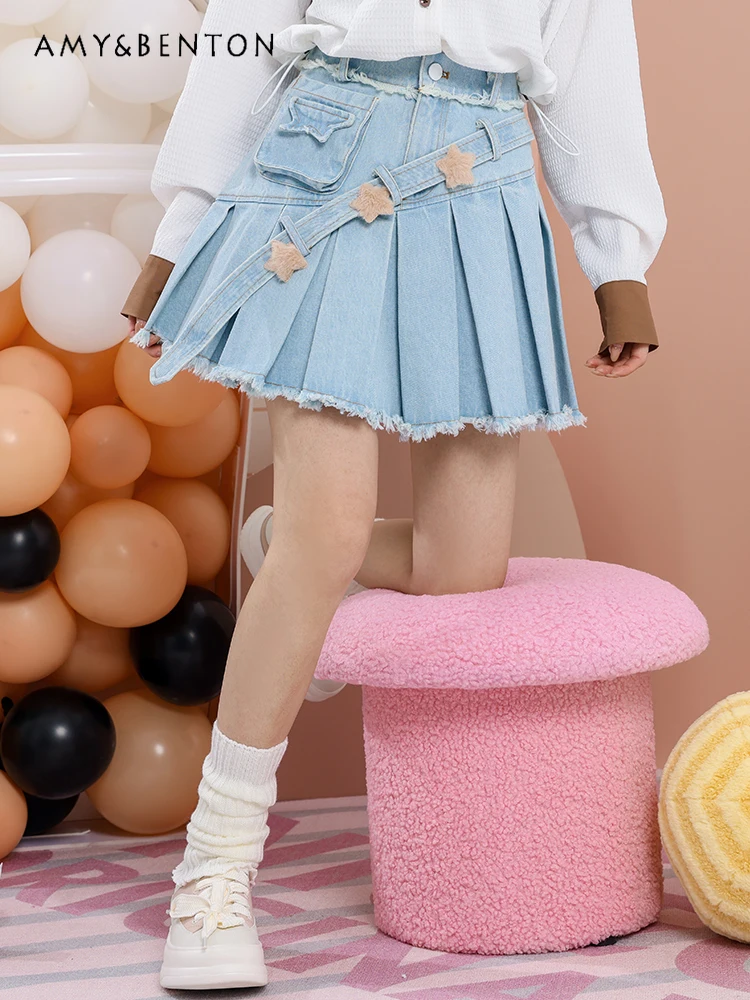 

Осенне-зимняя мини-юбка с вышивкой в виде звезд, карманами, нестандартной ленты, джинсовая плиссированная юбка, облегающие трапециевидные юбки с высокой талией