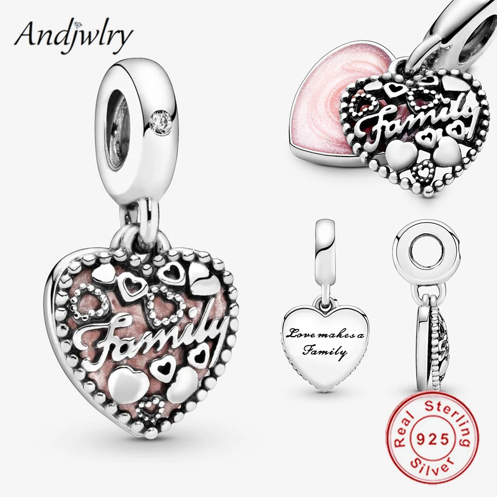 

Pink Heart Double Fit Bracelet Silver 925 Original Love Makes A Family Heart Dangle Charm Pendant Bangle Jewelry Berloque