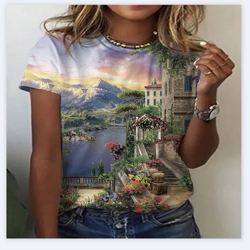 

2022 European City 3D Digital Printing Vintage Women's T-Shirts Women's Short Sleeve Tops Casual Style Tops