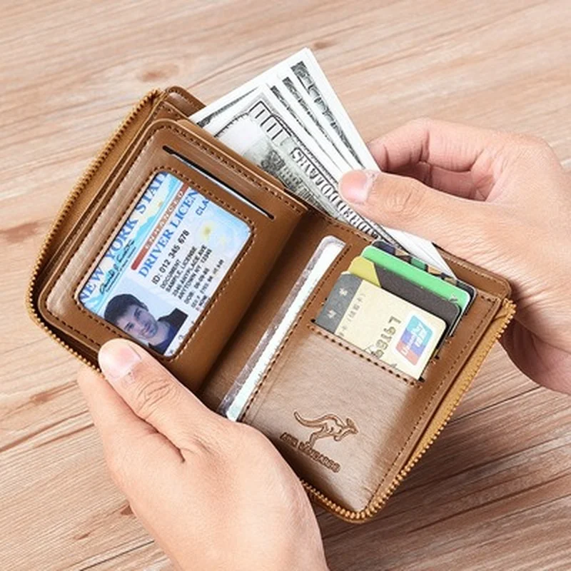 RFID Blocking Vintage Business Kangaroo Credit Card Holder Case Anti-Theft Clutch Short  Men's Leather Wallet Large Capacity