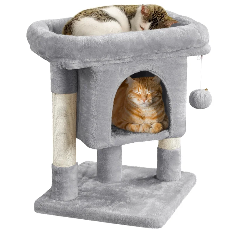 

2-Level Cat Tree Kitten Condo House with Plush Perch, Light Gray
