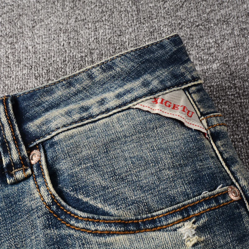 Fashion Designer Men Jeans High Quality Retro Blue Elastic Slim Fit Ripped Jeans Men Hole Patched Vintage Denim Pants Hombre