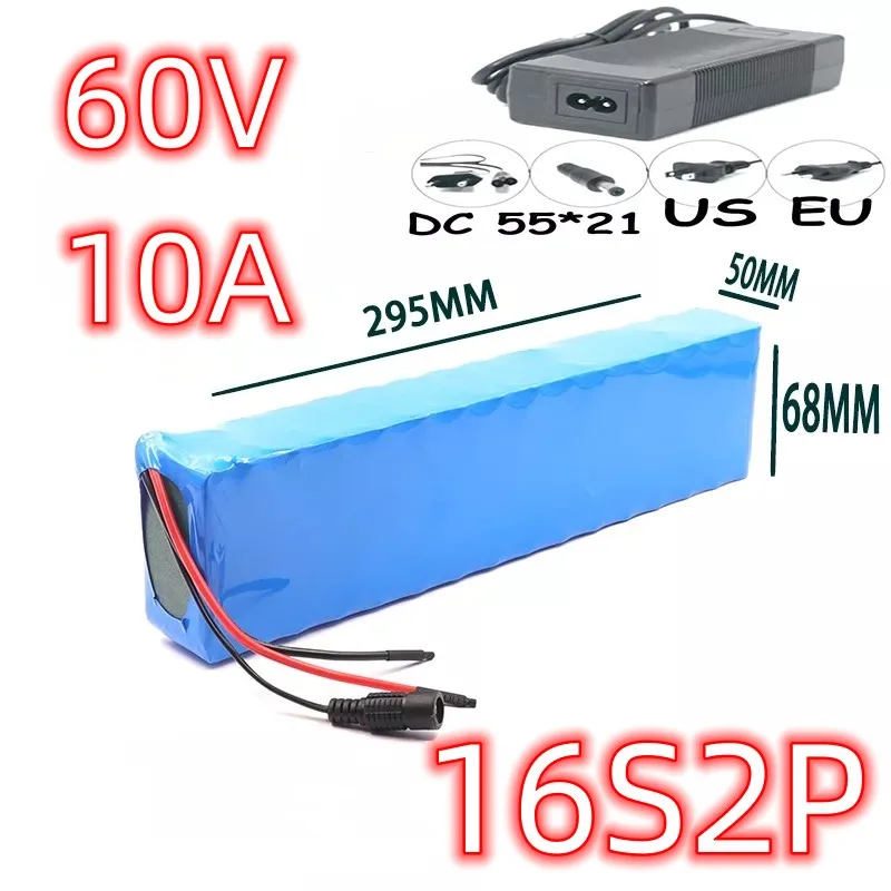 

Batería de iones de litio de 60V, 16S2P, 10Ah, 18650, 67,2 V, 10000mAh, para bicicleta eléctrica, Scooter con BMS, enchufe de