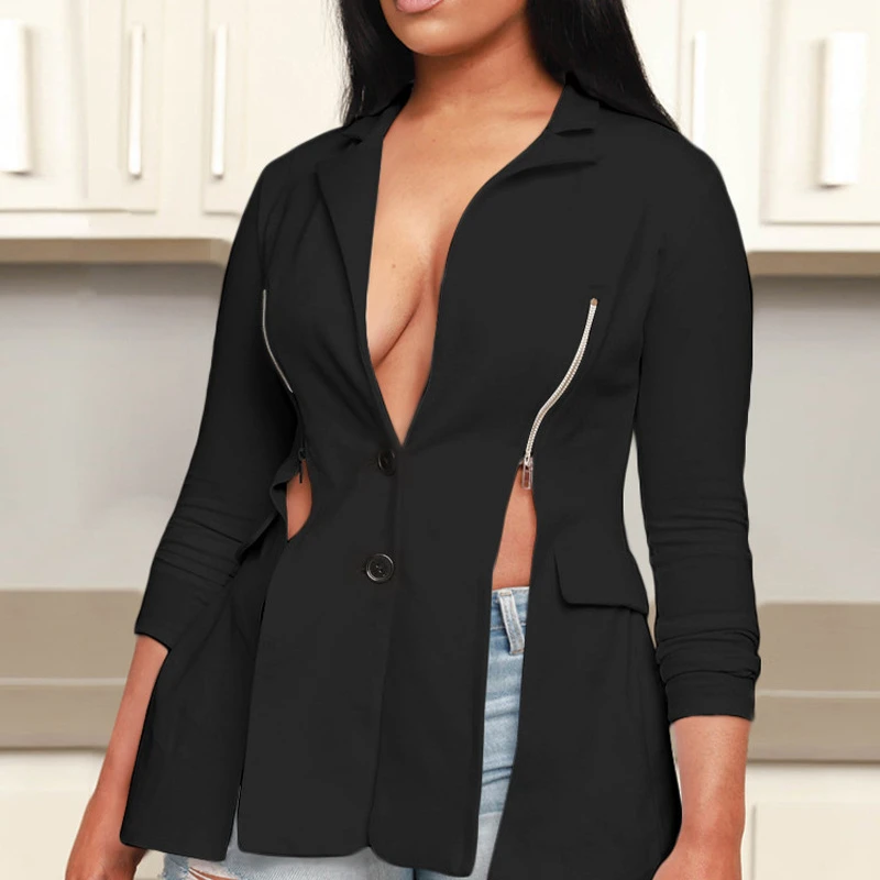 

Winter Clothes Women's Suit Coat 2022 New Fashion Black Zipper Decorated Split Suit Top Blazer Women Coat