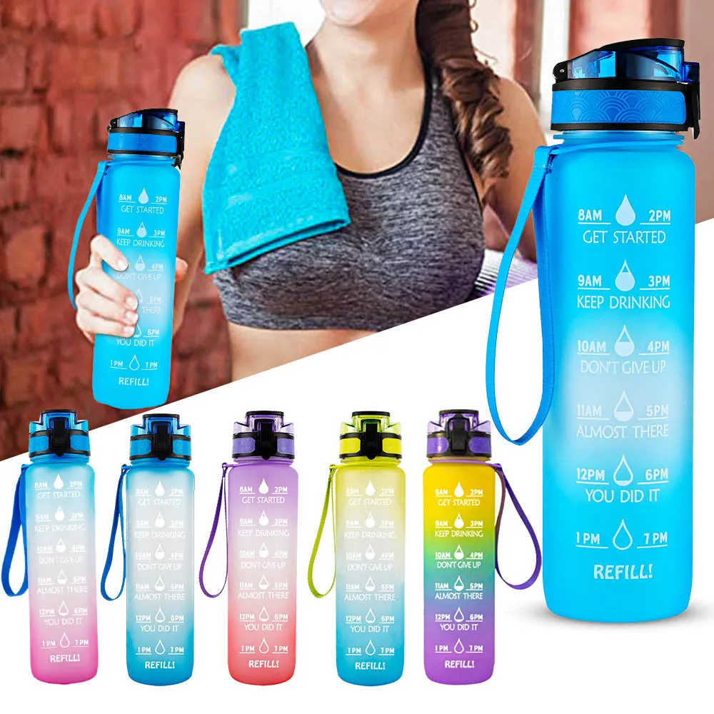 

1 л Мотивационная бутылка для воды, градиентный цвет, тритрановый спортивный чайник с крышкой для отскока, матовая, герметичная, водная напольная чашка Велоспорт