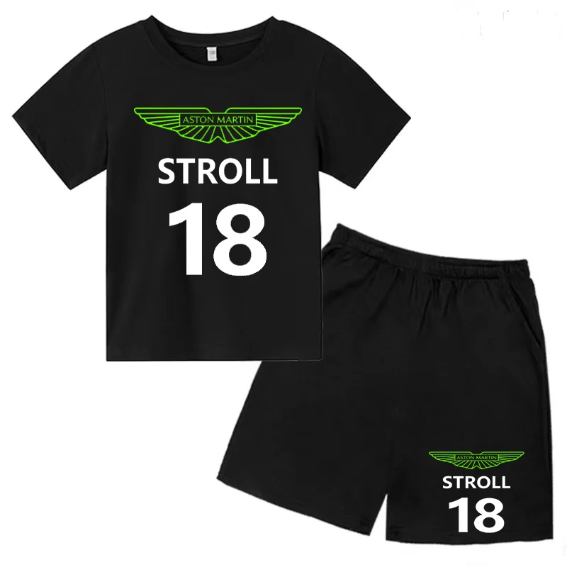 2023 Children's T-shirt Set Aston Martin Popular Gaming Racing No. 18 Boys Girls Baby Summer Sun Casual Sports Top + Shorts 2pcs