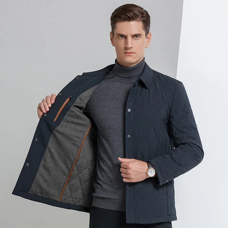 

New High Quality Middle-aged Elderly Men's Warm Cotton Outerwear Lapel Down Jacket Male Business Casual Grid Clothes Brand Coat