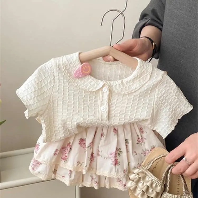 

Children Sets Cotton New Style Girl Summer Striped Short Sleeve Print Skirt Two Piece Set Korean Active Arder Brief Lattice
