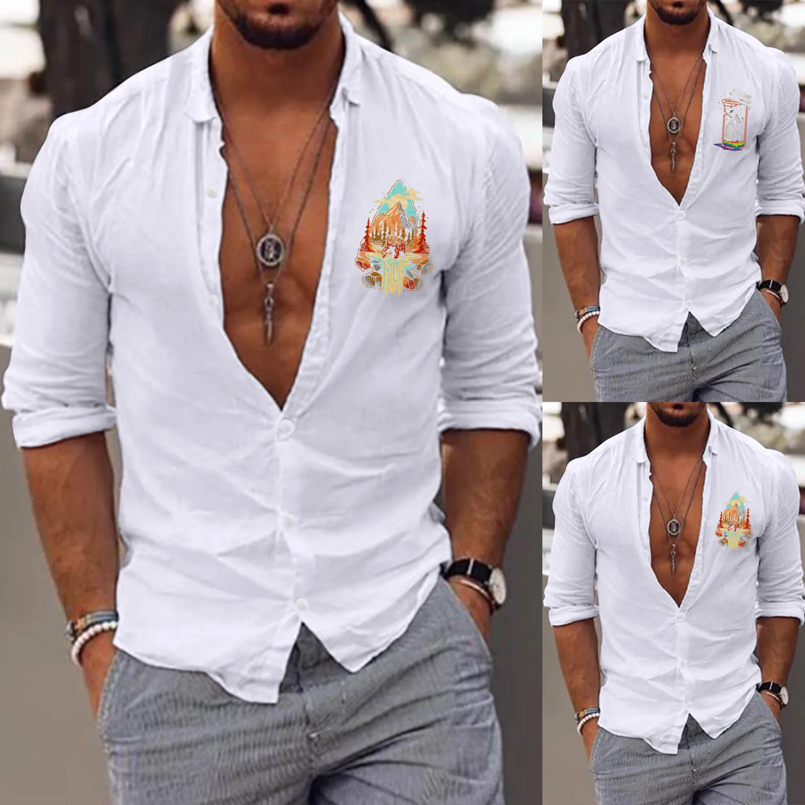 

Men Long Sleeve Autumn Winter Casual Printed Shirts Fashion Top Blouse Shirts Long Neck Shirt