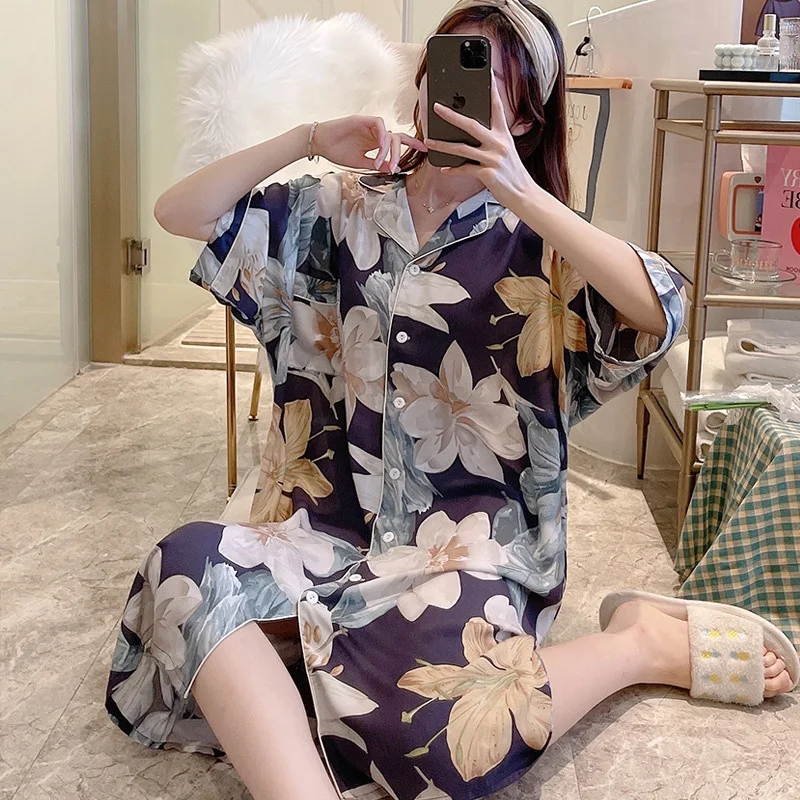 Night Dress Women Sexy Sleepwear Cotton Silk Nightgown Cardigan Button