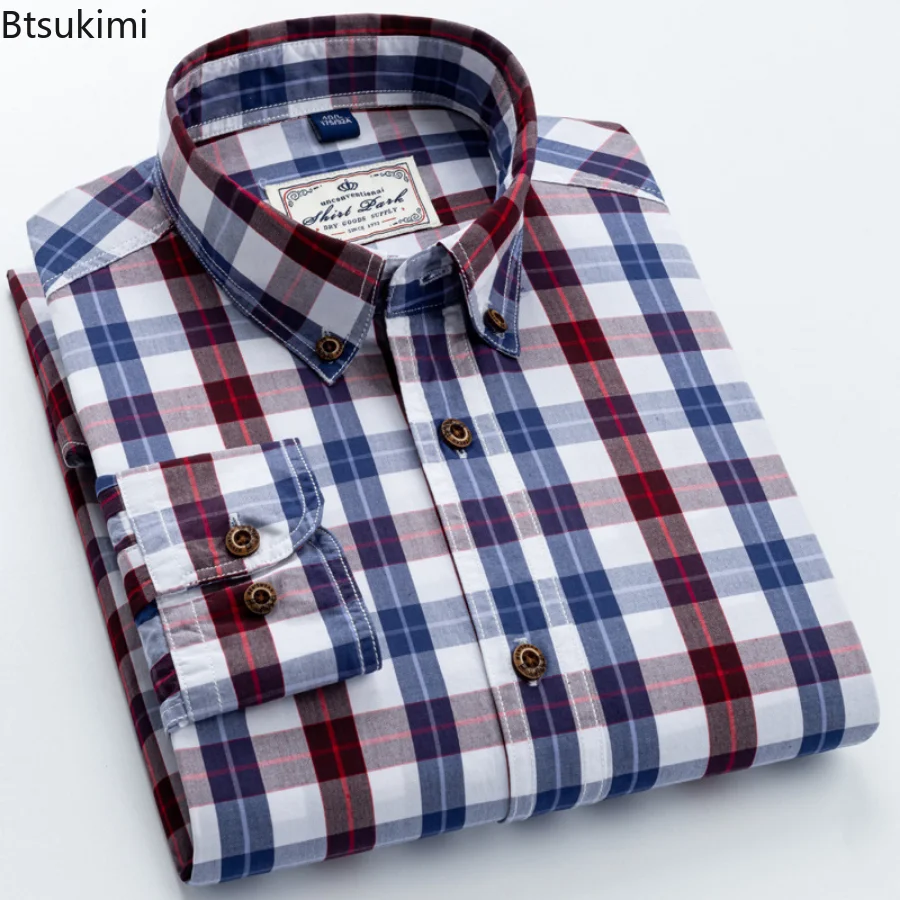 New England Style Men's Casual Plaid Checkered Shirts Slim Fit Button-down 100% Cotton Long Sleeve Casual Plaid Shirt Male Tops