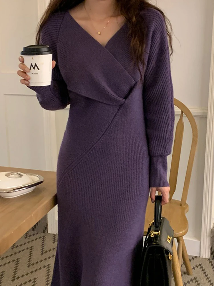 

Винтажная вязаная юбка с V-образным вырезом, облегающее платье с запахом и длинным рукавом, осень 2022, новая корейская мода, женская одежда