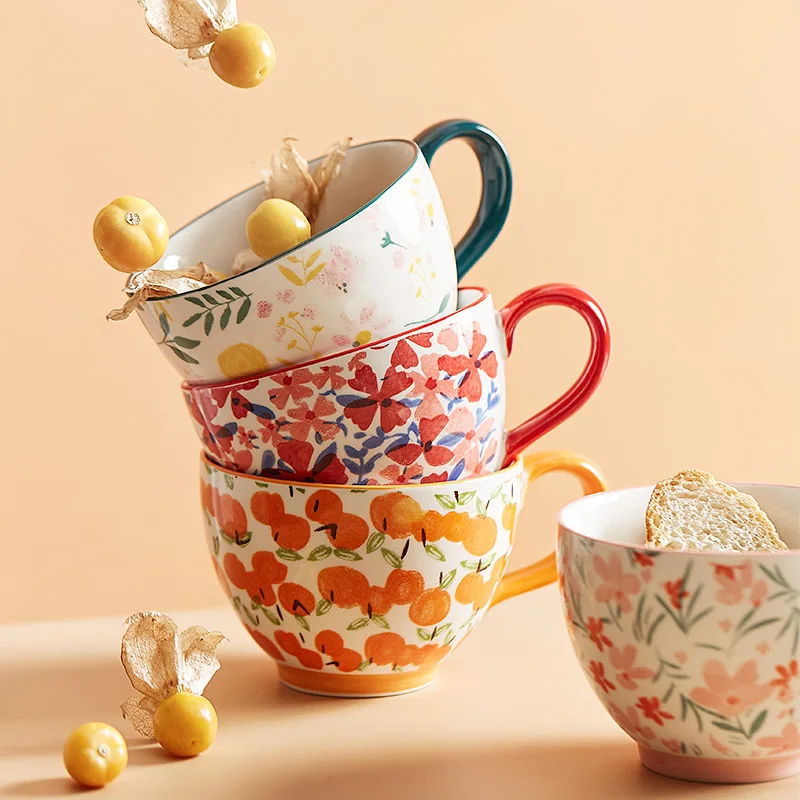 Creative Hand-painted Oatmeal Cups Breakfast Cups Household Water Cups Large Capacity Bowls Mark Ceramic Cups Funny Coffee Cups