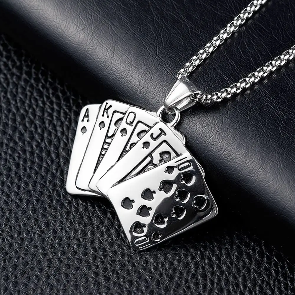

Royal Flush in Poker Necklace Hip Hop Playing Card Pendant Stainless Steel Jewelry for Men Women