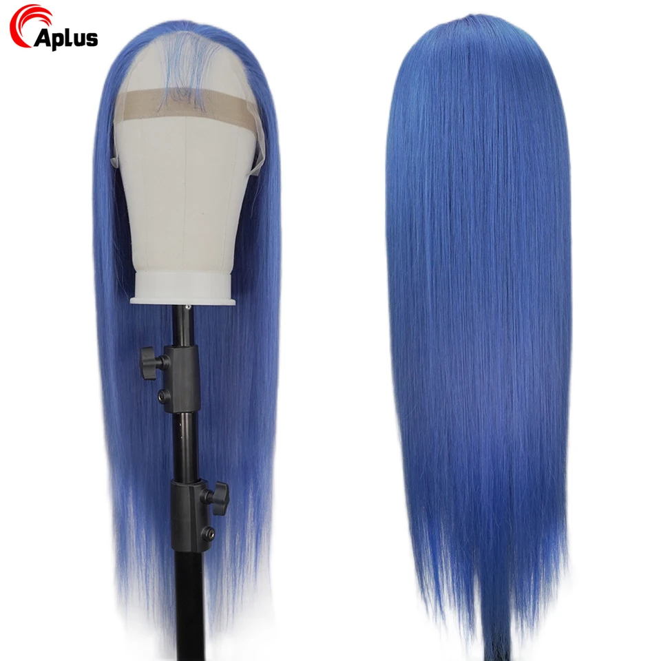 

13x4 Blue Lace Front Wig Transparent Lace Frontal Wig Pre Plucked 30 Inches Brazilian Straight Colored Human Hair Wigs For Women