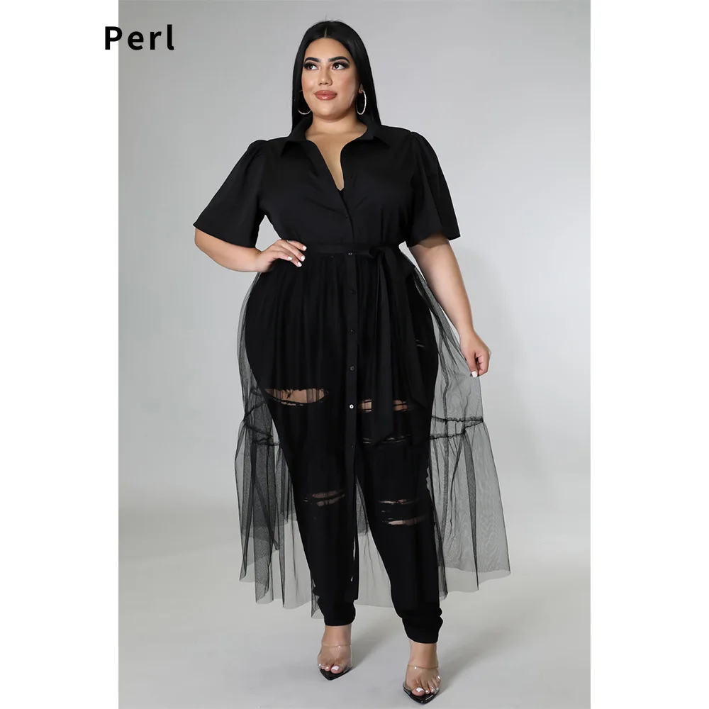 

Perl Mesh Maxi Dress Plus Size Women's Clothing Turn Down Collar Skirt for 2022 Vestidos Elegantes Para Mujer 3XL 4XL