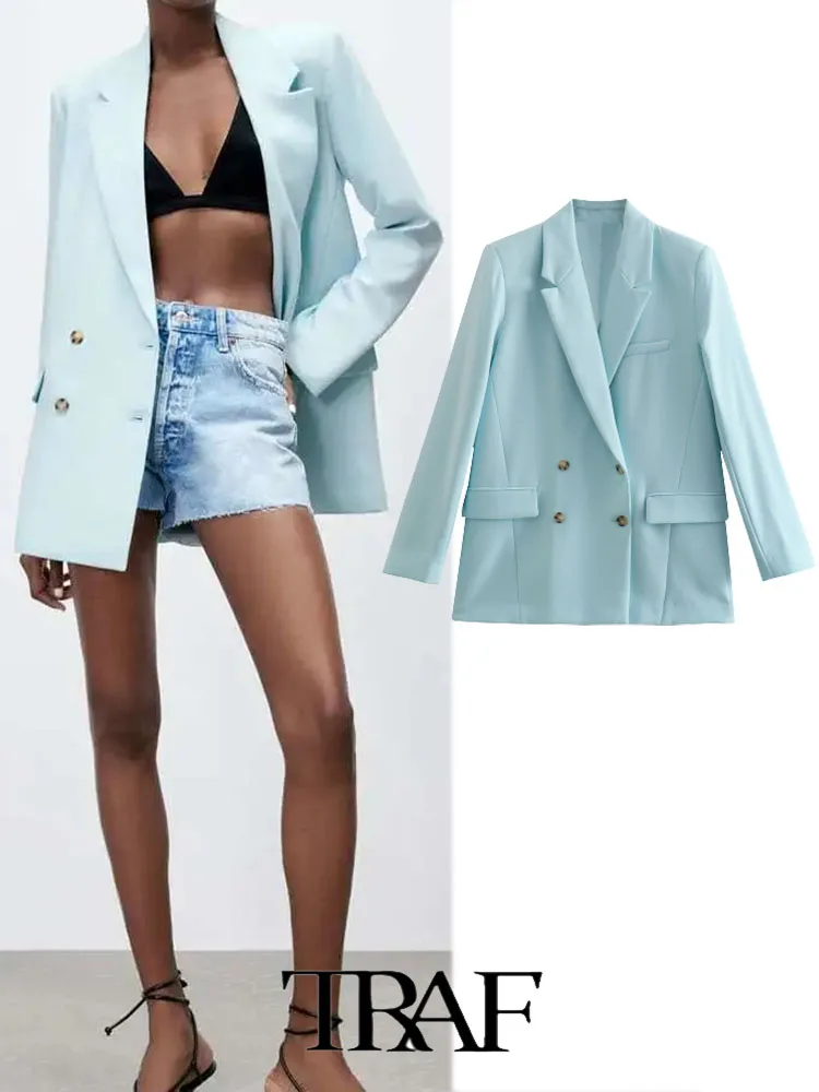 

TRAF 2023 Solid Basic Draped Loose Double Breasted Blazer Women Casual Blazer Woman Office Elegant Female Suit Jacket