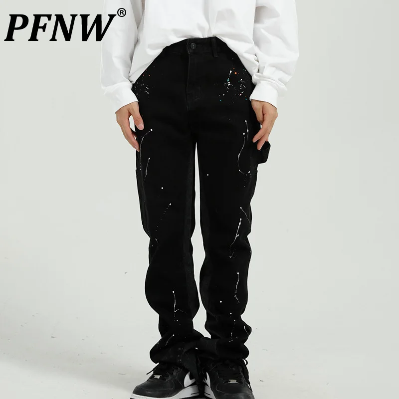 

Джинсы PFNW мужские с множеством карманов, шикарные винтажные уличные штаны на молнии, повседневные брюки из денима, с принтом брызг чернил, 12Z1299, весна-лето
