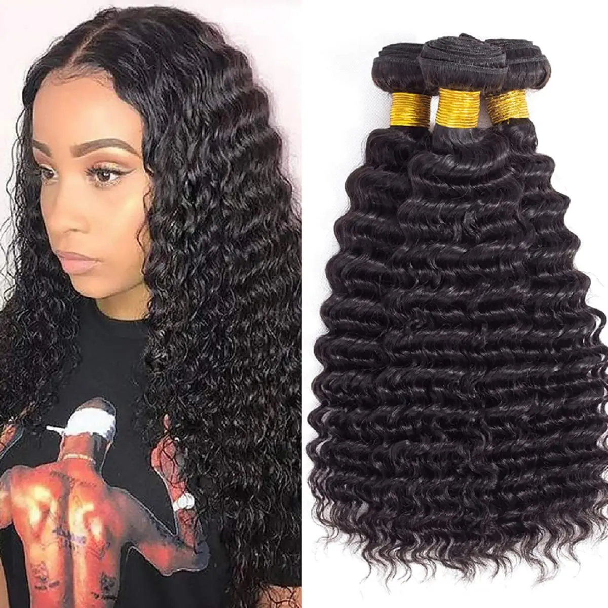 Deep Wave Virgin Brazilian Hair Weave Bundles Deal Natural Black Color Unprocessed Deep Wave Hair Weft Thick Remy Human Hair
