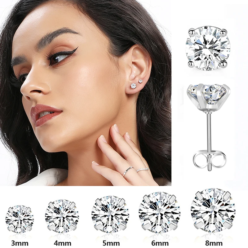 

2PC/Set Fashion Crystal Studs Earrings for Women Simple Round 4 Prong Cubic Zirconia Stainless Steel Earrings Jewelry 2-8mm