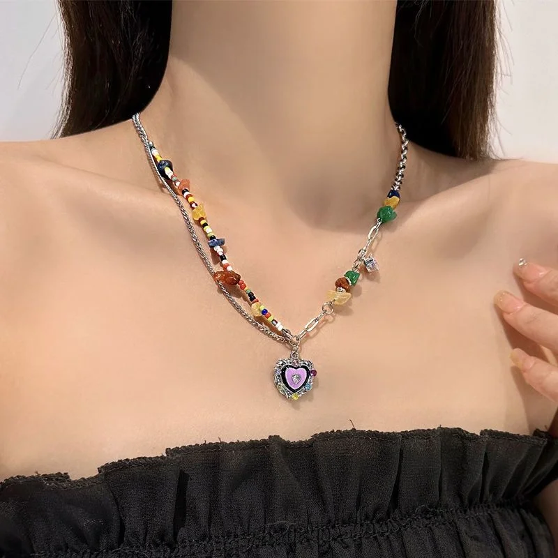 Y2k 2023 Necklace For Women Spicy Girl Colorful Love Necklace Collarbone Chain Personality Fashion Stacked Pendant Necklaces