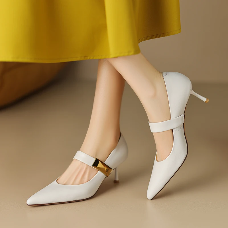 Cow Leather Pumps Women Comfy Soft Shoes Office Lady Spring Autumn Solid Pointed Toe Square Buckle 6cm Thin Kitten Heels
