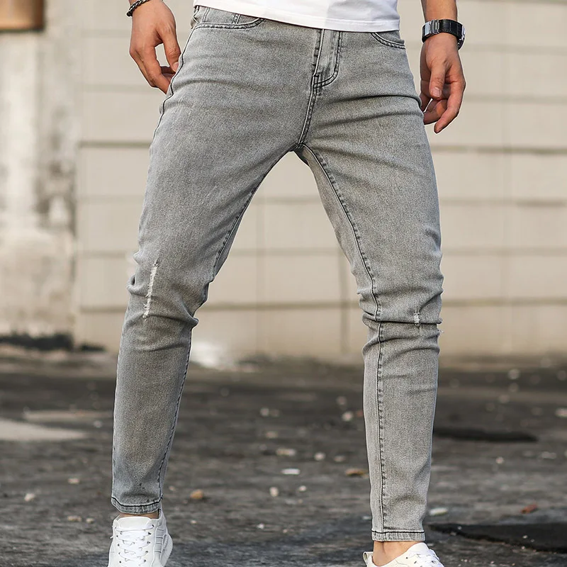 

Fashion Men's Jeans Skinny Ripped Denim Pants Mid Rise Tapered Leg Washed Distressed Stretch Jeans Solid Color Streetwear