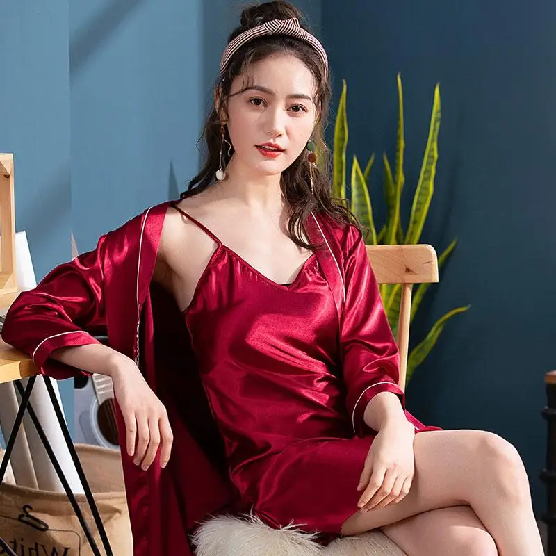 2Pcs Sexy Robe Women's Pajamas Set V-Neck Sleepwear Lace Night Dress Home Clothes Nightwear Lingerie Robes Suit Oversize Nightie