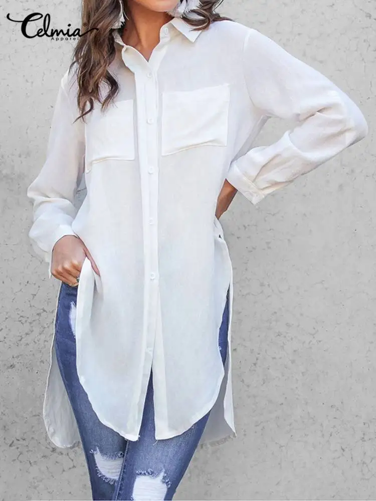 

Celmia Casual Loose Thin Blusas Women Office Wear White Shirts Long Sleeve 2023 Fashion Autumn Button Up Split Hem Long Blouse