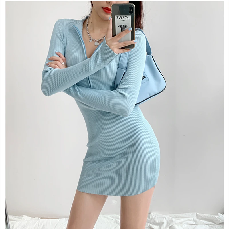 

Women Knitting Dress Spring New Sexy Long Sleeves Skinny Short Skirt Black Korean Fashion Streetwear Half High Neck Female Dress