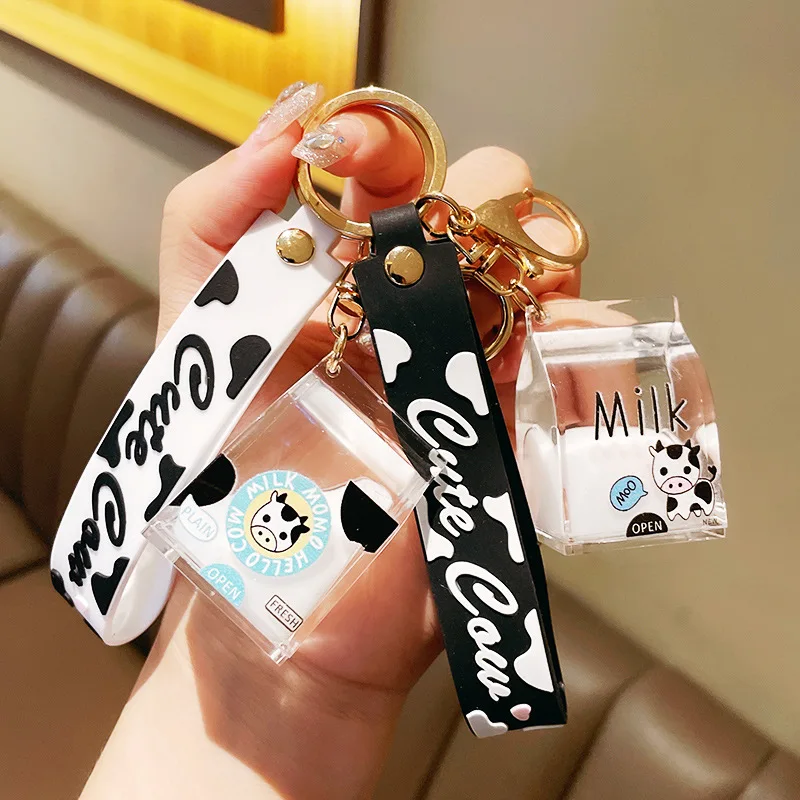 

Creative Decompression Dairy Cow Milk Drinks Acrylic Keychain Moving Liquid Milk Keyrings Drift Bottle Keyfob Jewelry Kids Gifts