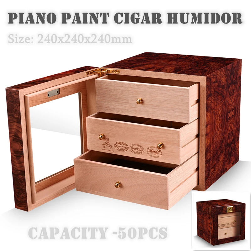 

240x240x240mm Cedar Wood Cigar Humidor 3layer Capacity 50 Moisturizing Cigar Case Storage Box Piano Paint Humidor Cigar Cabinet