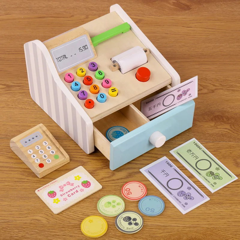 

Wooden Simulation Cash Register Pretend Toys Mini Simulated Supermarket Cash Register Kits Toys Montessori Educational Toy Gifts