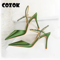 rhinestones high heels solid color womens pumps women satin sexy stiletto party shoes fashion sandals super high heels 9 5cm