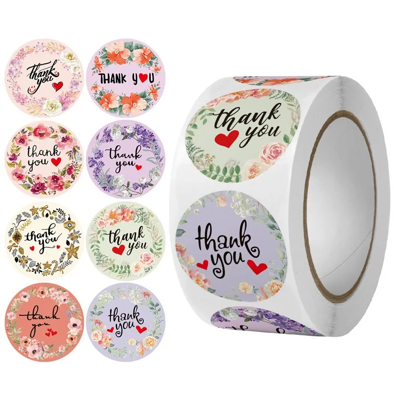 

Flower Thank You Stickers 100-500pcs Seal Labels Round Floral Sticker Rolls For Party Gift Decoration Stationery Sticker