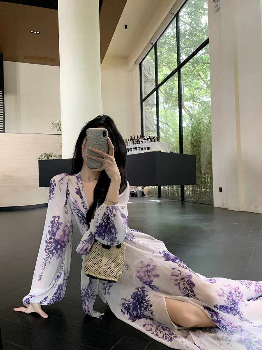 Gaganight женское фиолетовое высококлассное платье с V-образным вырезом принтом 2024