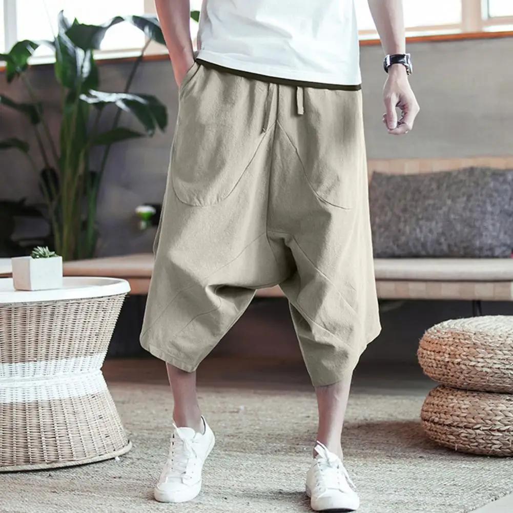 

Fashion Cropped Pants Calf-length Drop Crotch Comfy Solid Color High Waist Cropped Trousers Men Capri Pants Skin-friendly