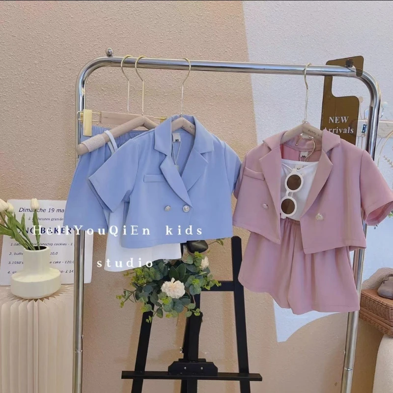 

2023 Summer New Fashion Girls' Western Suit Set, Stylish Korean Style Jacket and Shorts for Girls, Children's Clothing
