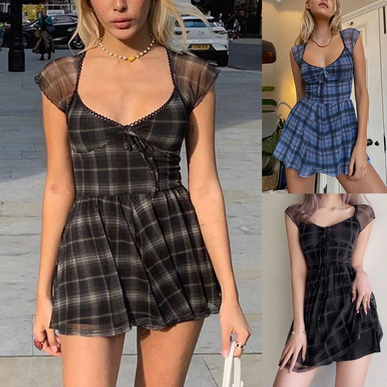 

Dolls Dresses for Women Women's Casual Plaid Printed Dress A-Line Short Sleeve Mini Dress Knit Sleeveless Dress