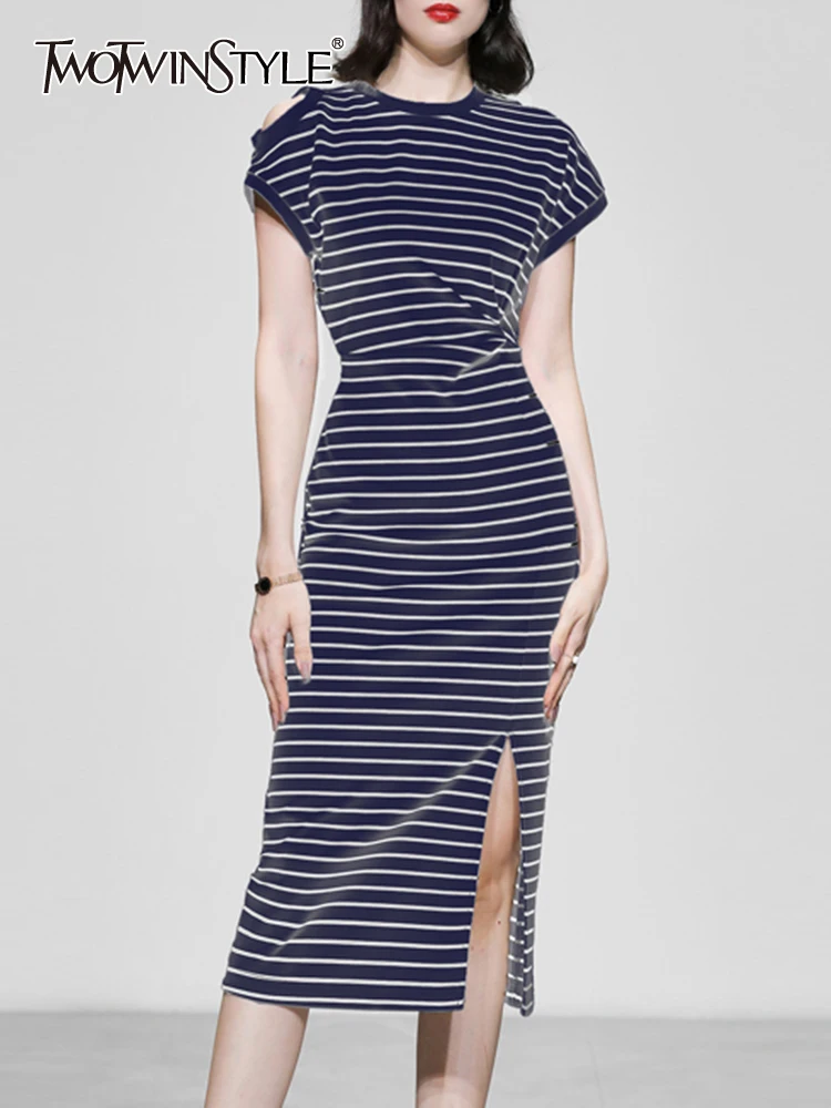 

TWOTWINSTYLE Casual Striped Dresses For Women Round Neck Short Sleeve High Waist Off Shoulder Split Pencil Dress Female Fashion