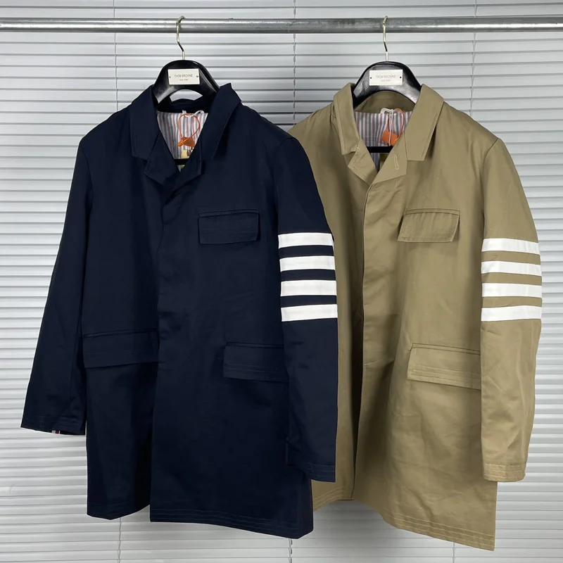 

TB 2023 THOM Fashion Brand Windbreaker Men Loose Casual Coat Long Trench Spring Autumn Striped Jacket Solid Formal Suit Male
