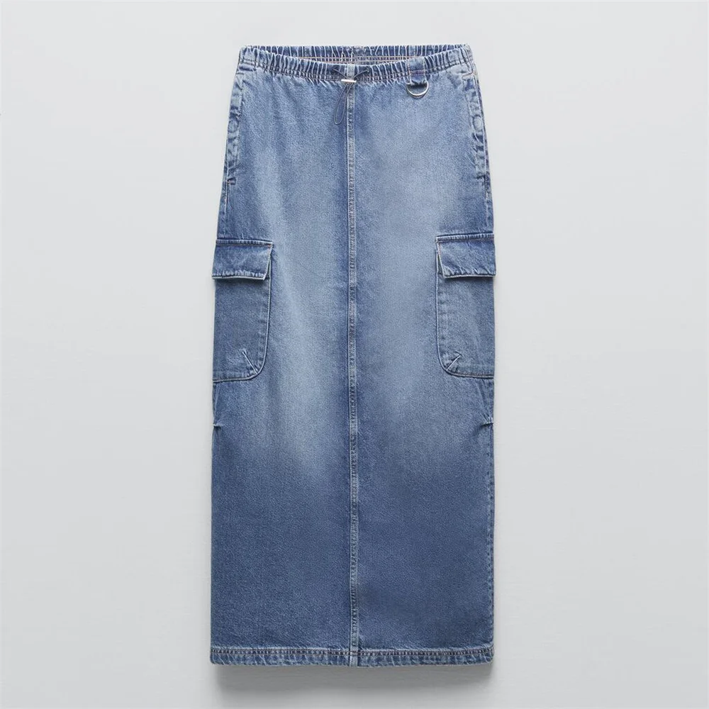 

Женская джинсовая юбка с поясом на резинке и прямым подолом