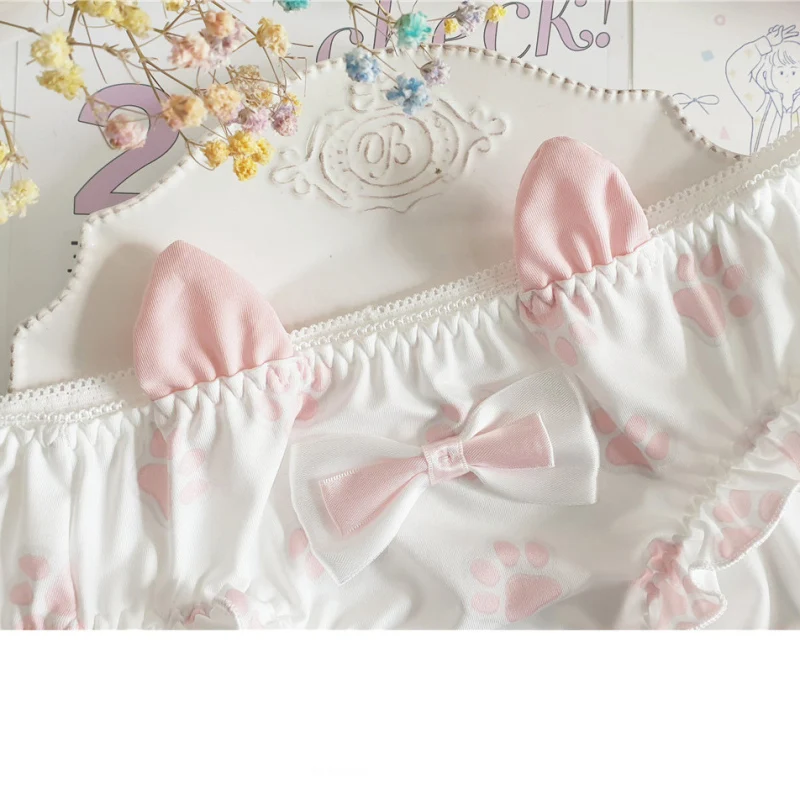 Japanese Style Cartoon Ear Cat Paw Print Cute Lovely Sweety Milk Silk Low Waist Women's Underwear Lolita Cosplay Panties Breifs images - 6